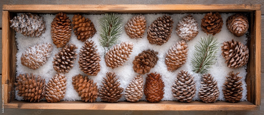 Poster christmas pine cones and greenery arranged in a wooden box with artificial snow on a rustic wooden b
