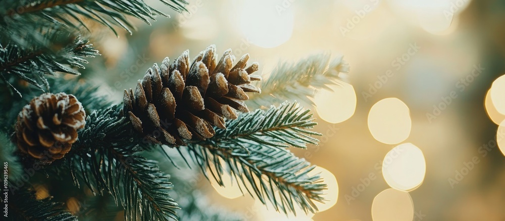 Poster close up of christmas tree branch with pine cones and soft bokeh background creating a festive and c