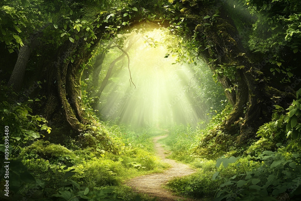 Poster sunlit path through enchanted forest arch.