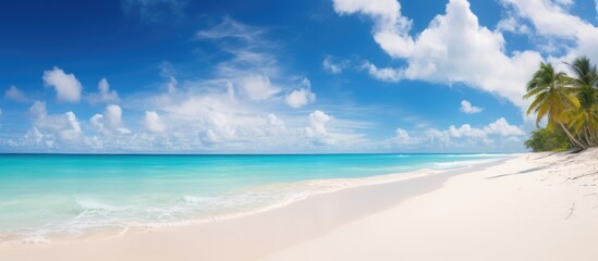 Obraz premium Tropical beach paradise with pristine white sand turquoise waters and bright blue sky creating a serene vacation atmosphere