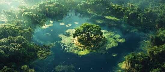 Fototapeta premium Aerial view of Amuntai showcasing lush swamplands and serene water surrounded by vibrant greenery and an island tree centerpiece
