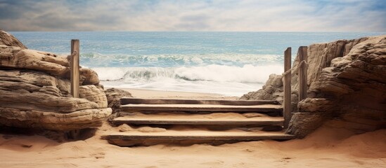 Weathered wooden stairs leading to a serene beach with gentle waves and rocky shoreline under a cloudy sky.
