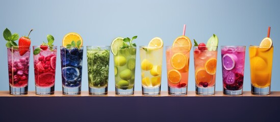 Fototapeta premium Vibrant Collection of Fresh Beverages in Glasses Displayed with Colorful Fruits and Herbs on a Wooden Shelf