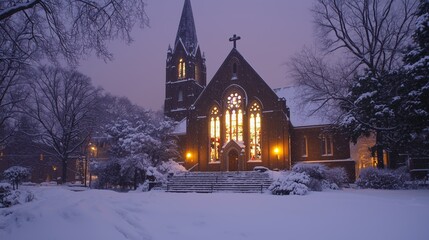 Fototapeta premium Magical Church Night Sky Stained Glass Snow Covered Steps