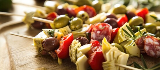 Antipasti skewers with olives red peppers artichoke hearts and salami on wooden platter perfect for appetizers and party catering