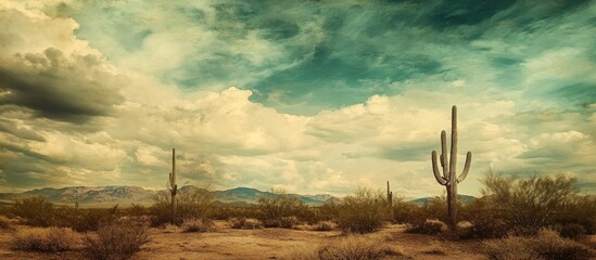 Obraz premium Desert landscape with vintage cloudy sky and cacti under dramatic atmospheric conditions