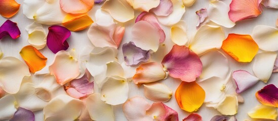 Obraz premium Colorful Petals Arrangement on White Background for Decorative and Romantic Floral Designs