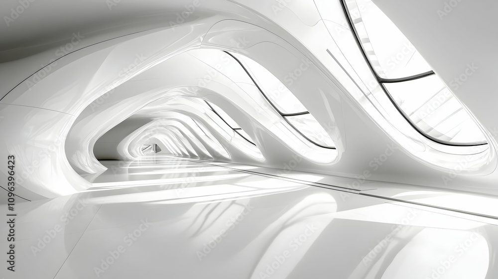Poster abstract 3d rendering of a futuristic white corridor with curving walls and large windows, showcasin