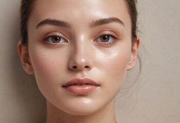 Close-up portrait facial skincare glowing skin dewy complexion hydrating face mask glossy lips.