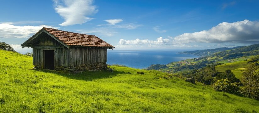 Asturian horreo in a vibrant green field with stunning sea views under a bright blue sky on a sunny day