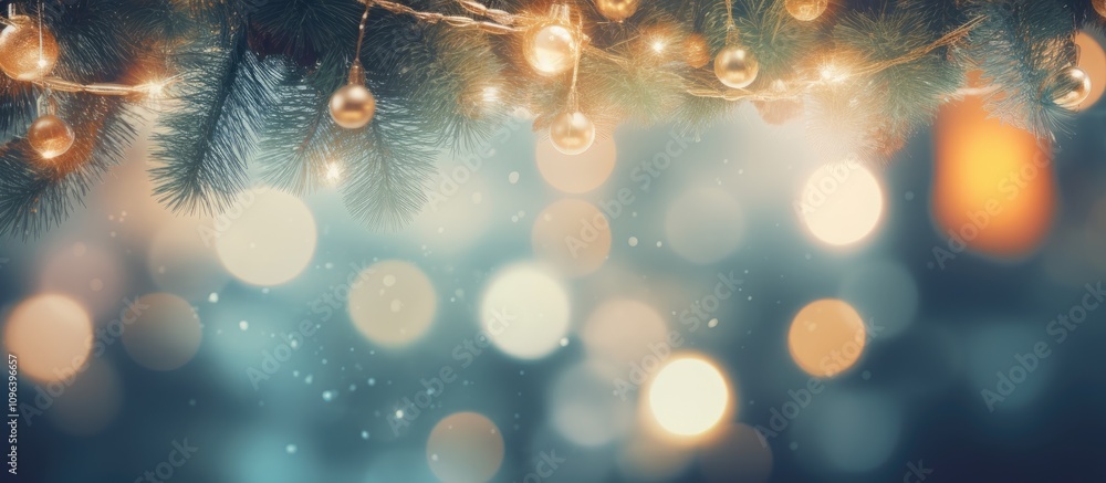 Poster blurred bokeh lights creating a festive atmosphere with christmas tree decorations and a soft winter