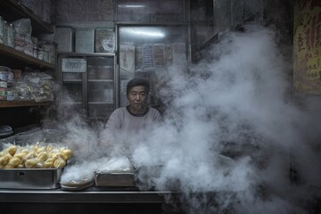 A chinese vendor sits behind a steaming stall, preparing dumplings in a dimly lit market amidst a cloud of steam and aromas