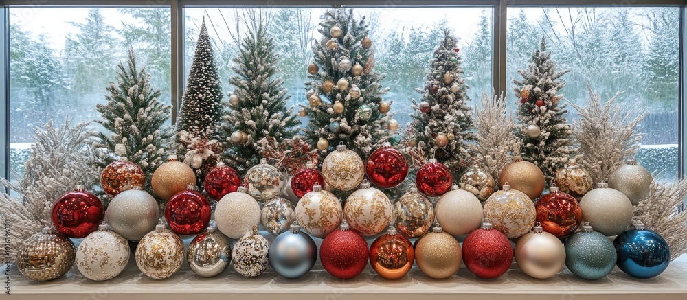 Poster elegant display of holiday ornaments in various colors arranged with festive trees creating a cheerf