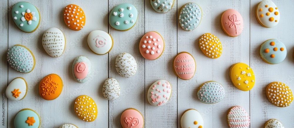 Aufkleber delightful colorful easter cookies with various patterns on a rustic wooden background perfect for f