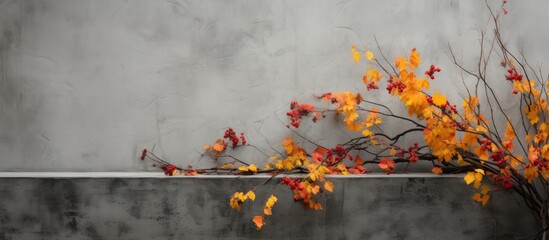 Vibrant autumn foliage in striking fall colors contrasted against a grey concrete wall creating a seasonal decorative border