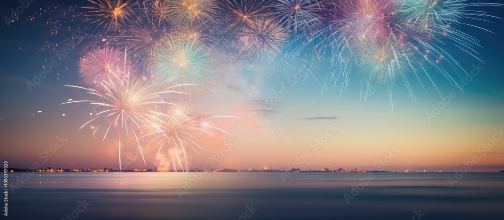 Poster festive beach fireworks display with vibrant bokeh creating a magical nighttime atmosphere over calm