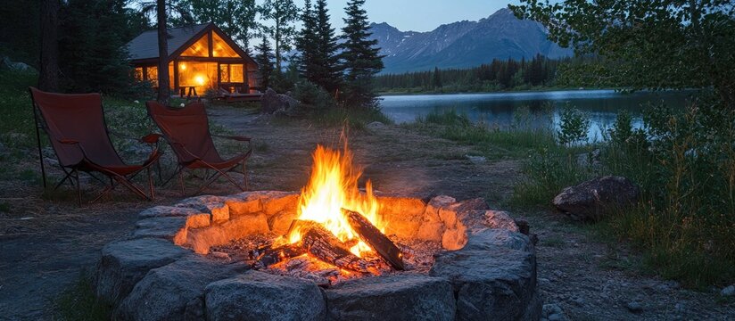 Cozy campfire by a serene lakeside cabin surrounded by majestic mountains at dusk under a clear sky