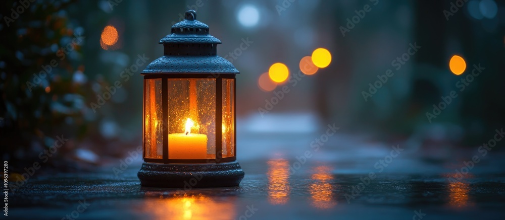 Poster candle lantern with warm glow in a serene nighttime setting shallow depth of field and soft bokeh li