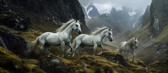 Fototapeta premium Majestic white horses galloping through a misty mountainous landscape with rocky terrain and lush greenery in the foreground.