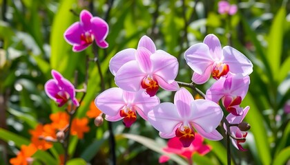 Vibrant orchids blooming in a sunny garden, showcasing their colorful petals