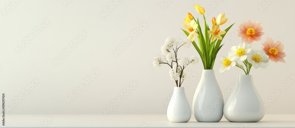 Poster spring flower arrangement in vases showcasing vibrant blooms with soft neutral background ideal for 
