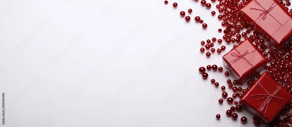 Poster red shiny beads and gift boxes arranged on a white background creating a festive holiday atmosphere 