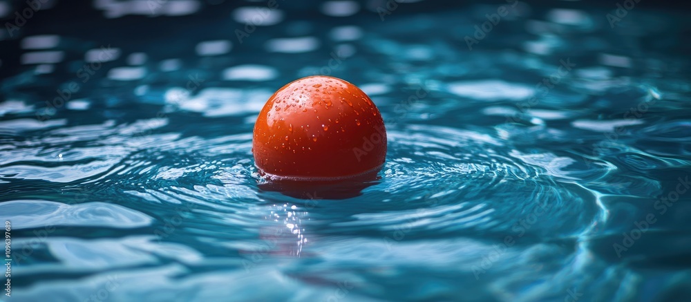 Poster red ball floating on water surface in a serene blue garden pool creating ripples and reflections in 