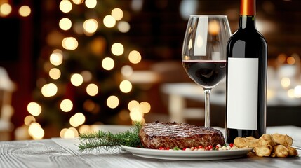 A steak placed on a white plate with a glass of red wine sits beside an elegant wine bottle in a luxurious dining atmosphere