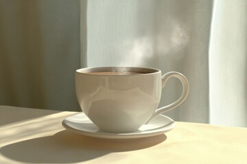 Fototapeta premium A steaming cup of coffee rests on a saucer, illuminated by soft morning light filtering through a curtain