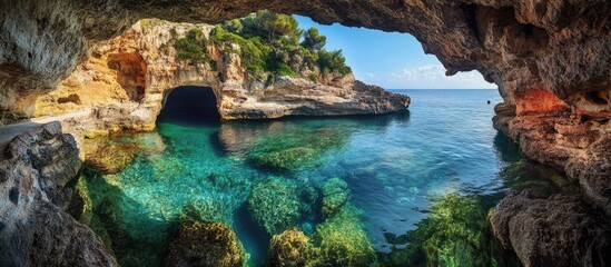 Naklejka premium Scenic rocky cove in Balearic Islands showcasing turquoise waters and coastal beauty along the Mediterranean shoreline