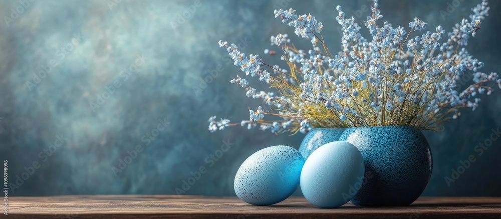 Poster blue decorative eggs and spring flowers in a blue vase on a rustic table creating a festive atmosphe