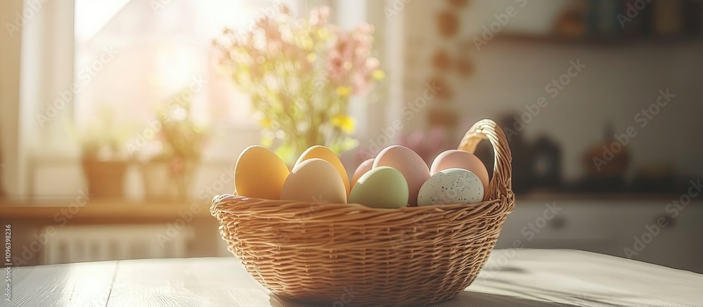 Aufkleber basket filled with colorful easter eggs on a sunlit table with blooming flowers in the background cr