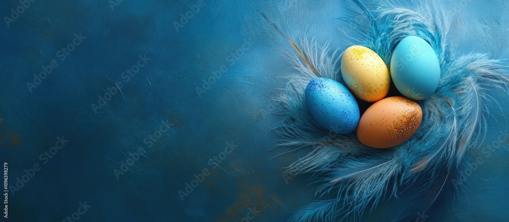 Poster blue easter backdrop with colorful eggs nestled in soft feathers from an overhead perspective with a