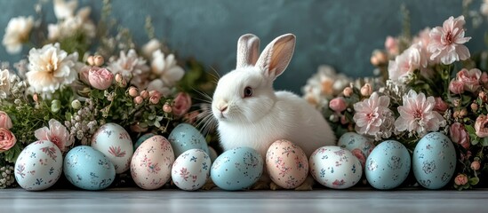 Easter celebration setup with pastel eggs adorable bunny and vibrant flowers on a serene wooden background showcasing festive spirit