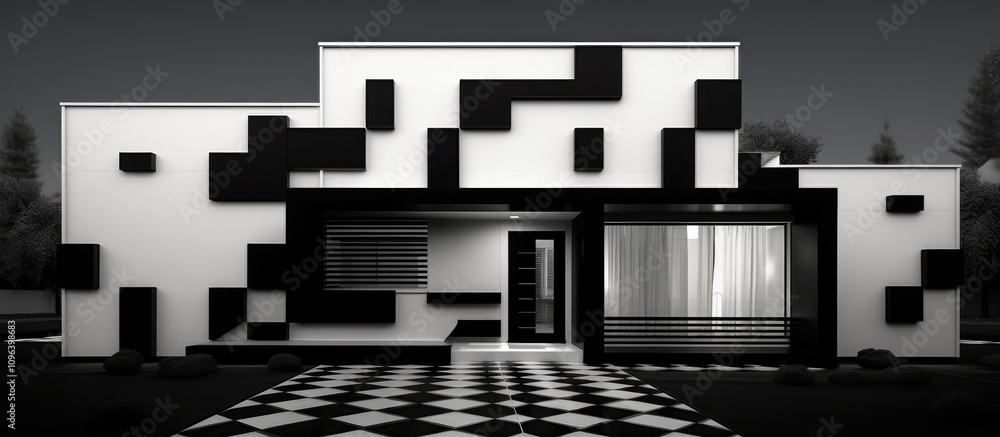 Poster modern architectural design in black and white showcasing geometric shapes and patterns on a strikin
