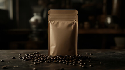Kraft coffee pouch with scattered beans in dim rustic setting