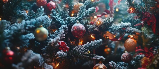 Fototapeta premium Festive Christmas tree adorned with shimmering ornaments and warm lights creating a cozy holiday atmosphere