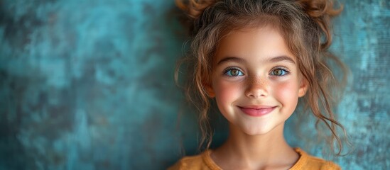Portrait of an excited young girl with beautiful smile and expressive eyes against a textured studio background