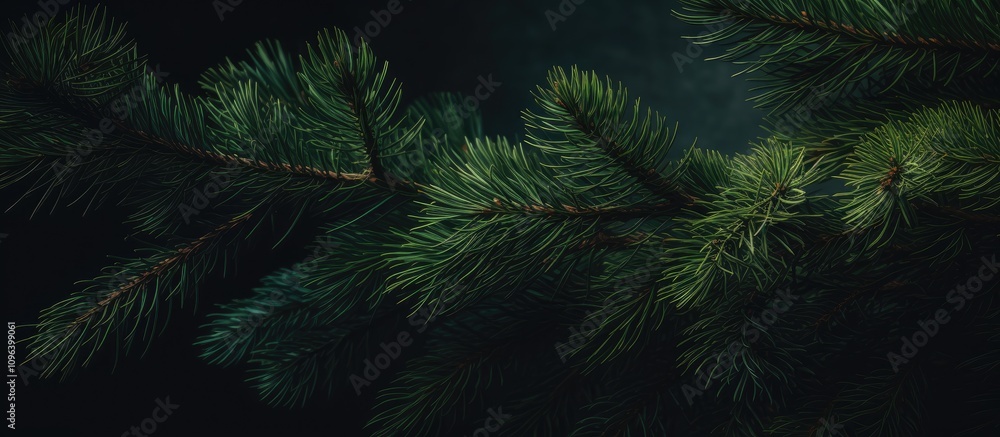 Poster lush fir tree spruce branches on dark background with space for text springtime nature close up of p