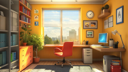 Interior of a modern, well-designed home office or den, perfect for a student or child. The room features a functional study desk with enough space for books, stationery, and a laptop