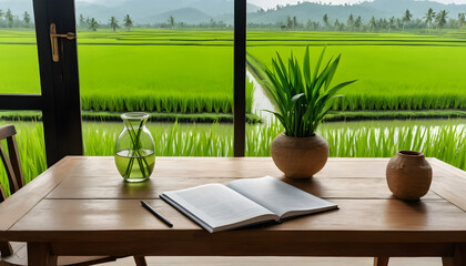 Work from home in a serene rural setting with green paddy field