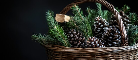 Wicker basket filled with pine branches and cones showcasing rustic Christmas decor against a dark background