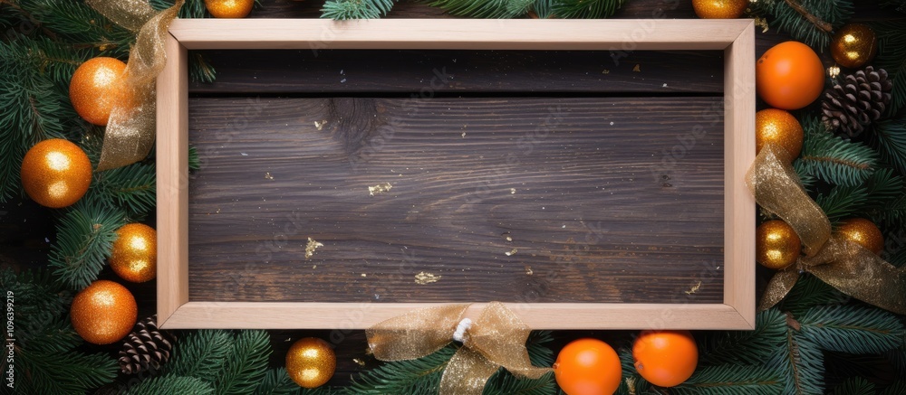 Poster festive christmas and new year arrangement with fir branches oranges golden ornaments and wooden fra