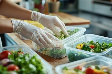 This engaging demonstration shows healthy food prep, emphasizing hygiene by wearing gloves when packing fresh salads, promoting balanced eating habits and overall wellness in daily life