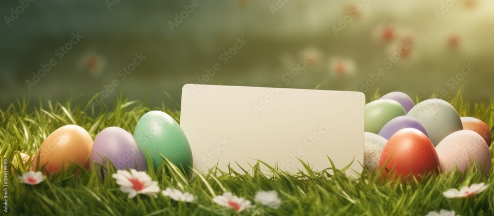 Poster easter eggs scattered on vibrant grass with a blank card for personalized messages in a serene sprin