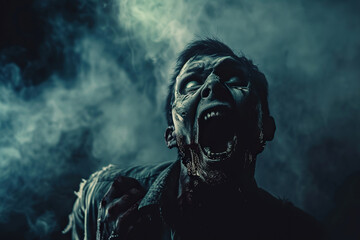 Scary sinister zombie wandering in street with dramatic lighting