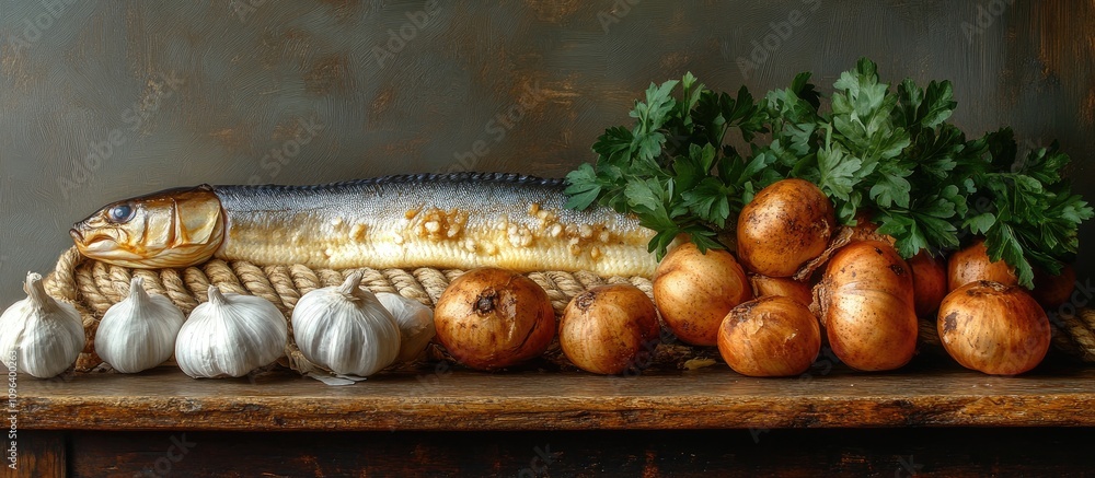 Poster eel with garlic and parsley on a rope creating a rustic still life arrangement on a wooden surface w