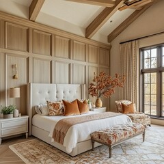 Fototapeta premium Stylish bedroom design modern home interior decor cozy atmosphere warm lighting elegance and comfort