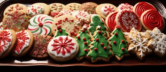 Fototapeta premium Festively Decorated Christmas Cookies on a Tray with Colorful Icing and Sprinkles in a Close-Up View