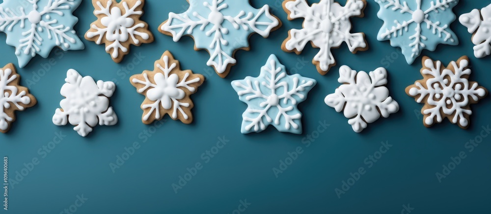 Poster decorative snowflake cookies on blue background with empty space for text or holiday greetings